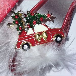 Red Car w/ Gold Bow Christmas Brooch